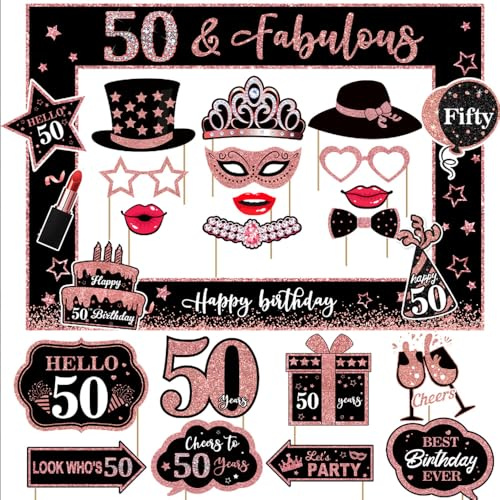 50th Birthday Decorations for Women – 25 Pcs Black and Rose Gold Photo Booth Props Kit, Happy Fifty Birthday Party Selfie Props for Her (50th-Rose Gold)