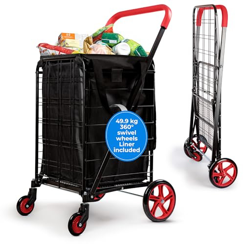 SereneLife Large Folding Utility Shopping Cart with Removable Liner – Heavy Duty, 360° Swivel Wheels, 110 lb Capacity, Portable for Groceries, Laundry, Luggage, and More (Red)