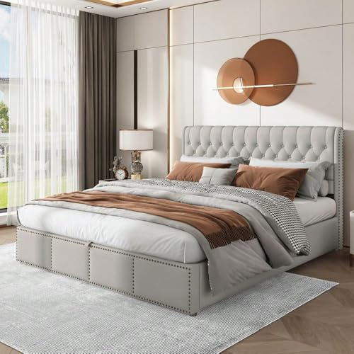 Weißes Bett 160x200 aus hellgrauem Baumwoll-Leinen-Gewebe - Integrierte Ablage (Box), Hebelmechanismus und Nietendekoration - (Ohne Matratze)