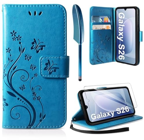 AROYI Lederhülle Kompatibel mit Samsung Galaxy S26 5G Hülle und Schutzfolie, Flip Wallet Handyhülle PU Leder Case Kartensteckplätzen Schutzhülle Kompatibel mit Samsung Galaxy S26 5G Blau