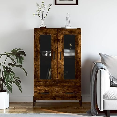 Bucmath Meuble haut en chêne fumé, 69,5 x 31 x 115 cm, en matériau dérivé du bois, étagère sur pied avec portes en verre, armoire de cuisine, buffet de salon, espace de rangement