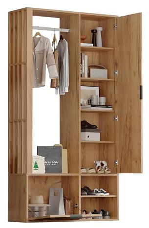 Ensemble garde-robe compacte 6 en 1 pour couloir avec miroir, tringle à vêtements et porte battante, armoire d'entrée avec 9 compartiments de rangement, panneau de particules de couleur bois naturel