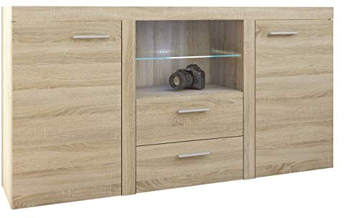 Mirjan24 Kommode Rango mit Glasboden, Highboard Sideboard, Anrichte, Naturtöne, Mehrzweckschrank, Wohnzimmerschrank, Anrichte, Schrank (mit Beleuchtung, Sonoma Eiche)