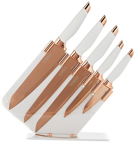 Tower T81532RW Damascus Effect Kitchen Knife Set with Stainless Steel Blades and Acrylic Stand, Rose Gold/White, 5 Piece