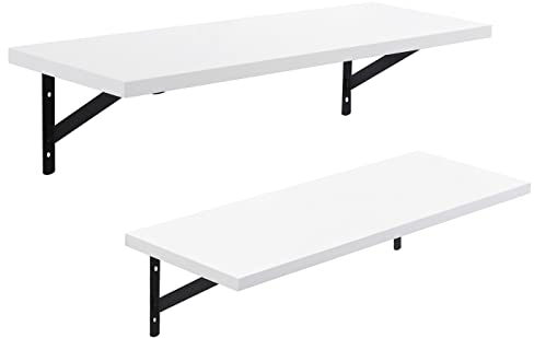 SONGMICS Floating Shelves Set of 2 Wall Shelves, 60 x 21 x 14 cm, Wooden Shelves with High Gloss Finish, Max. Load Capacity 15kg, White LWS02WB