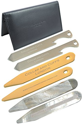 3 PAARE - Stilvolle Kragenstäbchen - Geschenkpackung - Hochwertig - Mit Etui - Vergoldet, Titan Flaschenöffner und Perlmutt