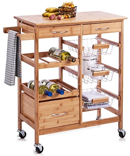 BAKAJI Carrello da Cucina in Legno di Bambù con Ripiano Tagliere 2 Cassetti Portaposate Portastrofinacci Portabottiglie 3 Ceste Portafrutta Metallo e 4 Ruote Girevoli Carrello da Portata Portavivande