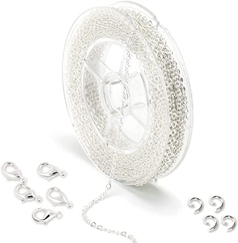ALEXCRAFT 10 Meter Schmuckherstellung Kette Silber Überzogene Halskette Kabel Kette Metallkette mit 50 Sprung Ringe und 20 Karabinerverschlüsse für Schmuck Herstellung (1.5MM)