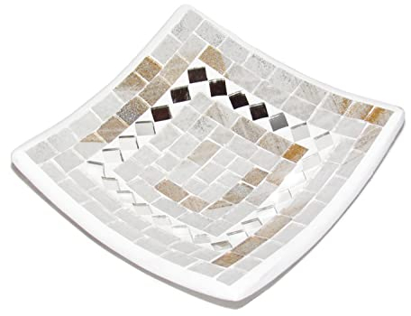 Deko - Schale Glasmosaik eckig 15 cm, weiß - gold/Spiegel und Glitter