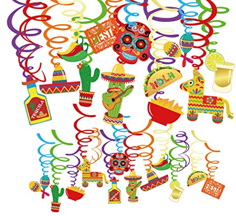 Qpout 30 PCS Mexikanische Hanging Swirl Dekoration, Day of The Dead wirbelt Dekoration Set Dia de los Muertos deko Spiralverzierung Kaktus, Hut, Flasche, Paprika, Totenkopf Spirale Dekoration