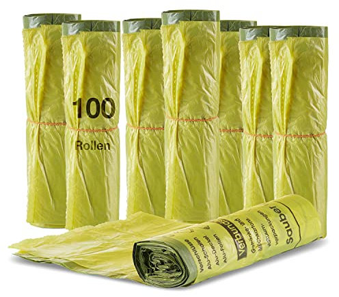 BigDean 100 Rollen Gelber Sack, Gelbe Säcke 90 Liter HDPE Gelb 13 Stück pro Rolle, insgesamt 1300 Stück - ca. 60x87 cm plus 5 cm Umschlag 15my - Ideal für Mülltonnen, Mülleimer und Körbe