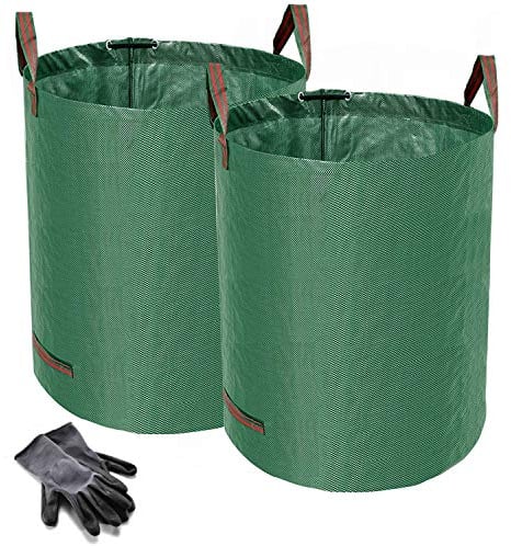 Heavy Duty Garden Waste Bags - 500 Litre - 2 Sacks - BONUS 1 Pair Gardening Gloves - Industrial Fabric and Handles - Green/Garden Waste Sacks, Reusable - Norjews