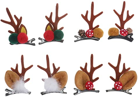 Lurrose Geweih Haarklammer 4 Paar niedliche Rentier Haarspangen Alligator Hirsch Horn und Ohren Haarnadeln für Weihnachten Party ( )
