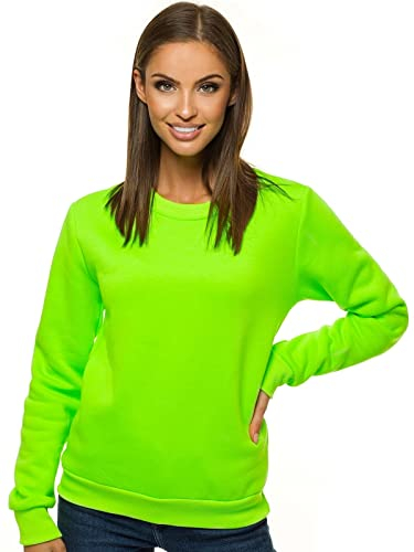OZONEE Damen Sweatshirt Pullover Langarm Farbvarianten Oversized Langarmshirt Pulli ohne Kapuze Baumwolle Baumwollmischung Classic Basic Rundhals-Ausschnitt Sport JS/W01Z GRÜN-NEON M