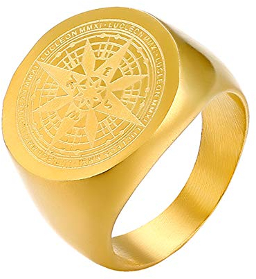 JewelryWe Kompass Ring Siegelring Herren: Gold Edelstahl Navigator Runde Fingerring mit Kompassnadel Design Vintage Maritimer Schmuck Geschenk für Männer Abenteurer Größe 74