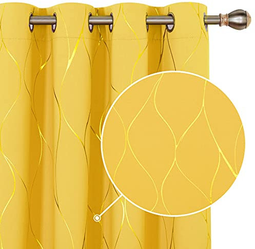 Deconovo Verdunkelungsgardinen mit Ösen Blickdichte Vorhänge Wohnzimmer mit Muster, 229x117 cm(HöhexBreite), Senfgelb, 2er Set