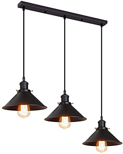 iDEGU 3-flammig Pendelleuchte, Retro Hängelampe Industrie Design Hängeleuchte 22CM Lampenschirm Vintage Lampe E27 Kronleuchter für Küche Esszimmer Café Bar Restaurant (Ganz Schwarz)