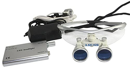 3.5X Dental BRILLENLUPE Kopflupe Lupenbrille Loupe Magnifier Headlight Silber,Profi Dental 3.5 x 420mm Binokularlupe Loupes Kopflupe Lupenbrille mit Headlight