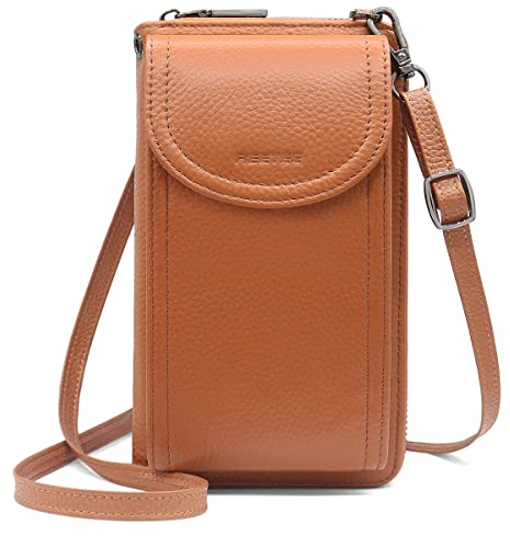 REETEE Handytasche zum Umhängen RFID Schutz Geldbeutel Damen Handy Umhängetasche Leder Viele Fächer Handy Schultertasche mit 12 Kartenfächer Klein Crossbody Handytasche Geldbörse für Frauen (Braun) …