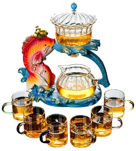 Mozeo Service à thé semi-automatique en verre Kung Fu résistant à la chaleur Théière Poisson A + 6 tasses