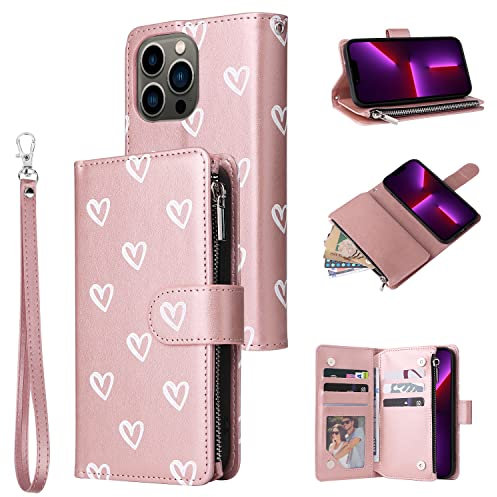 QLTYPRI Case for iPhone 13, Large Capacity Leather Wallet Case 6 Card Holder & 1 Zipper Pocket Kickstand Wrist Strap Magnetic Heart Pattern Case for iPhone 13 - Rose Gold