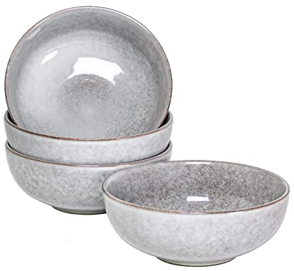 HENXFEN LEAD Ensemble de 4 Bols Ronds en Céramique - 600mL Saladiers Au Design Classique - Bol à Soupe Exquis pour 4 Personnes, Adapté pour Micro-ondes/Four/Lave-vaisselle, Gris Clair