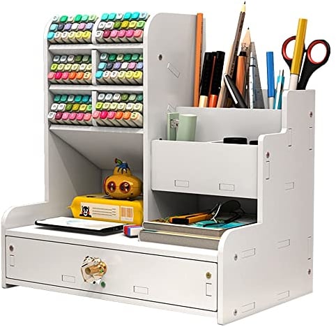 Hggzeg Schreibtisch-Organizer mit Schublade, vielseitig einsetzbar, Stifthalter, für Schreibwaren, Schreibtisch-Aufbewahrungsbox für Zuhause, Büro und Schule, PB17, Weiß