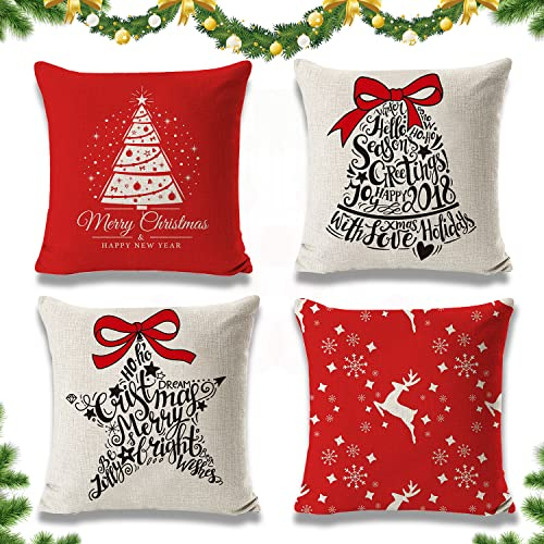 ZDQC 4 Stück Kissenbezug Weihnachten,Weihnachtskissenbezug,Weihnachten Dekokissen,Winter Dekokissen,Kissenbezug Frohe Weihnachten, Deko Kissenhüllen 45 x 45,Feines Leinen Kissenhülle Weihnachten