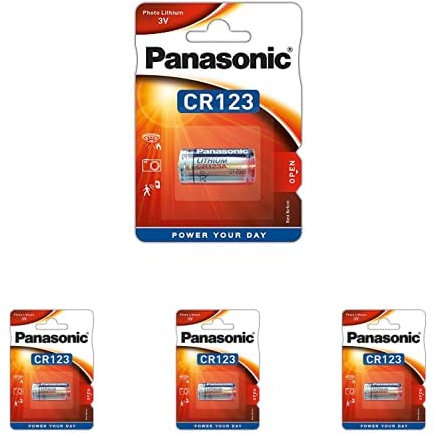 Panasonic CR123 batteria al litio cilindrica per dispositivi leggeri con elevato fabbisogno energetico come rilevatori di fumo, sistemi di allarme, proiettori, telecamere, 3V, Pacco da 4