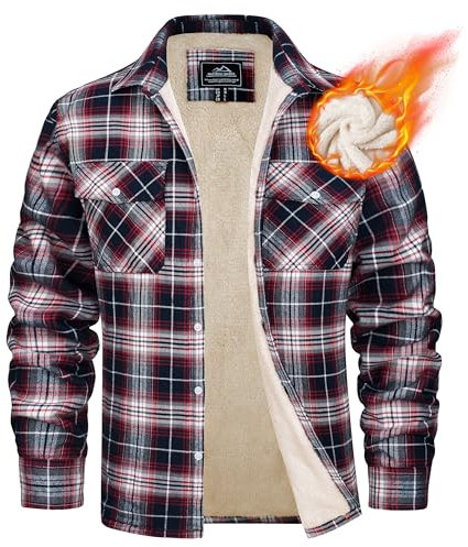 MAGCOMSEN Herren Karierts Freizeithemd Plaid Fleece Jacke Gefüttert Baumwolle Flanellhemd Männer Thermo Arbeit Hemd Innenfutter Holzfäller Hemdjacke Rot Weiß L