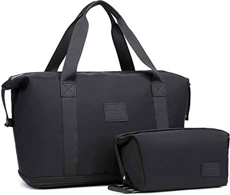 Kono Travel Duffel Bag Expandable Overnight Weekend Bags for Women with a Cosmetic Pouch Water Resistant Carry On Hand Luggage Sports Gym Hospital Maternity Tote 36L (Black)