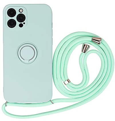 Emlivi Case Compatible with iPhone 12 Mini with Necklace Cord, Silicone Case with 360° Rotating Ring TPU Protective Case Shockproof Lanyard Case for iPhone 12 Mini, Lake Green