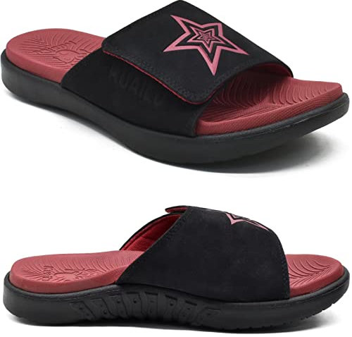 KuaiLu Mens Orthotic Slides Soft Cushion Sport Sandals with Plantar Fasciitis Arch Support Adjustable Open Toe Summer Slippers Slip on Indoor Outdoor Red Black Size 10.5