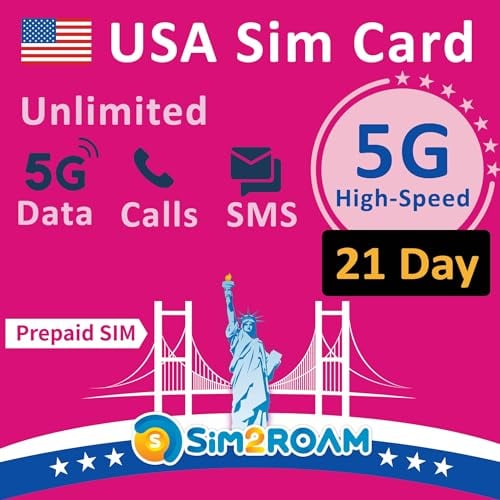 USA SIM-Karte 21 Tage (Verwendet T-Mobile-Netz) | Unbegrenzte 5G/4G-Daten in den USA + 5 GB in Kanada/Mexiko | Unbegrenzte Anrufe und SMS in den USA, Kanada und Mexiko | Aufladbar!