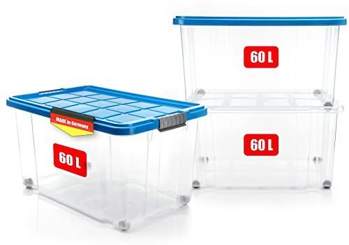BigDean 3 Stück 60 L Aufbewahrungsbox mit Deckel groß azurblau stapelbar | stapelbare robuste Box - rollbare Stapelbox mit festen Klickverschlüssen - Made in Germany
