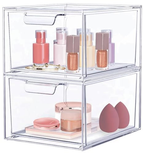 RAINPOP 2Pcs Makeup Organizer With Drawers, Stackable Acrylic Clear Storage Organiser for Cosmetic, Pull-out Type Plastic Organizer Drawers for Bathroom Countertop, Bedroom Dresser, Kitchen Cabinets