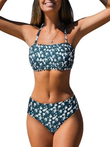 CUPSHE Ensemble Bikini Deux pièces pour Femme - Haut Bandeau avec Lien au Dos - Taille Moyenne - Bretelles Amovibles - Bleu Sarcelle XL