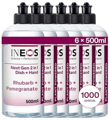 INEOS Next-Gen 2in1 Washing Up Liquid, 3L (500ml x 6), 1000 Sinkfuls, Dishwashing + Handwashing, Plant Powered, Rhubarb + Pomegranate, Packaging May Vary