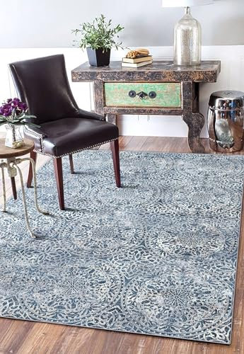Poeti Waschbarer Teppich, ultradünn, 20,3 x 25,4 cm, rutschfester Teppich, große Flächenteppiche für Wohnzimmer, Schlafzimmer, Vintage-Blumenmuster, Elfenbein/Blau, geometrisch