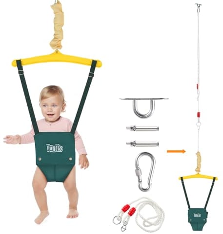 FUNLIO Saltador de Puerta con un Gancho de Techo para bebé (6-24 Meses Juego de Ejercicio de Columpio para Jugar en Interiores/Exteriores para bebé, con Cadena Ajustable, fácil de Montar - Verde