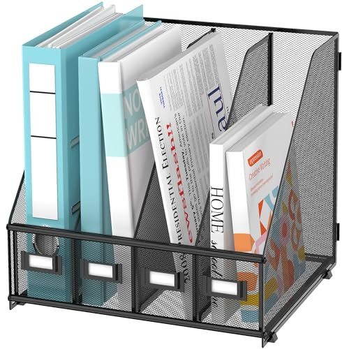 SUPEASY Porte-revues en métal avec 4 compartiments verticaux pour bureau, maison, école, noir