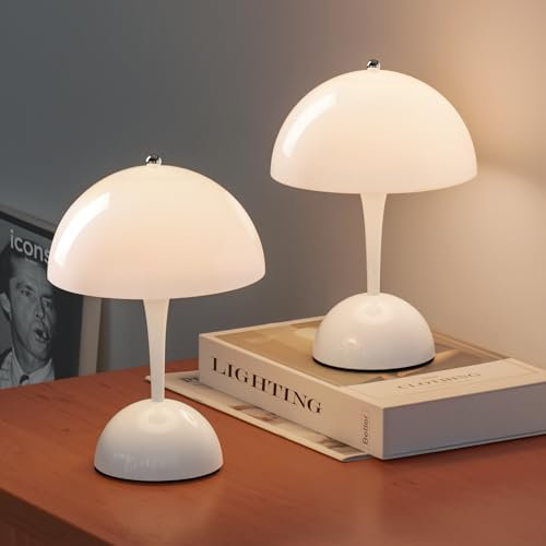 ONEWISH 2 Packs Lampe de Table Champignon Sans Fil avec Capteur Tactile, Lampe de Table Portable Entièrement Graduable, Lampe de Nuit LED Rechargeable pour Enfants et Chambre de Bébé,Blanc