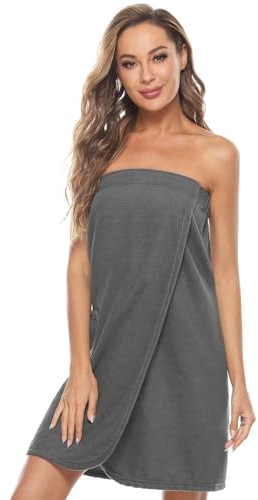 Knuffnee Damen Bademantel Frottee Sauna kilt Saunatuch Saunakilt mit Tasche und Klettverschluss Grau XL