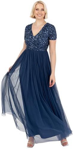 Maya Deluxe Women's Ladies Dress for Wedding Guest Plus Size Empire High Waist Sequins Short Sleeve Evening Bridesmaid, French Navy, 14