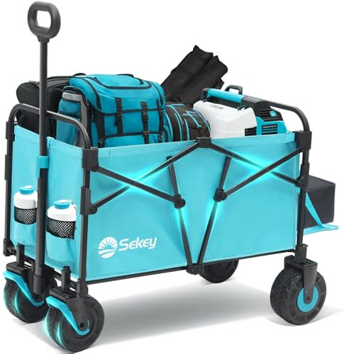 Sekey 332L Folding Festival Trolley with Expandable Tailgate, Patented Design Beach Cart - Diamond Collapsible, Wide All-Terrain Wheels, Brake, 350LB Load Capacity Heavy Duty Wagon for Camping, Blue