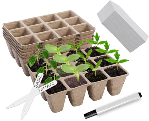 Navoys Vassoio per semina a 72 celle, 40 bastoncini per piante e penna per etichettatura, kit di base biodegradabile per piantine, vassoio da 16 x 12 x 4,5 cm, accessori per serre (6 vassoi - 72