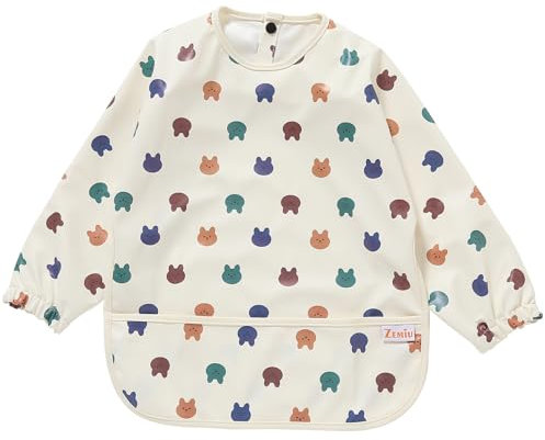 Zemiu Weaning Bib & Baby Bib with Long Sleeve Coverall for Infant Feeding, Waterproof & Soft PU Material, Machine Washable -Suitable for Babies 6 to 30 Months-Yellow