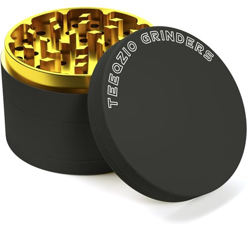 TEEQZIO Pollen Grinder Crusher Ø 75 mm aus Aluminiumlegierung mit 4-Teilig, für Spice, Kräuter, Gewürze, Herb, Kaffee mit Pollen Scraper und Pinsel (Schwarz & Gold)