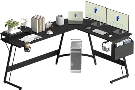 FLEXISPOT Bureau d'angle 167 x 127 cm, Bureau Gaming en L, Table d'angle avec Support pour écran et Crochet, Bureau Rangement d'ordinateur Facile à Installer, Noir