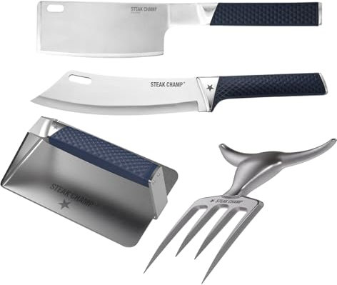 Steak Champ Premium Grill- und BBQ-Set: Burger & Steak Presse, Flip & Cut Spatula, BBQ Pro Kochmesser und Bull Fork Fleischgabel - Hochwertige Grillwerkzeuge für Perfekte Ergebnisse